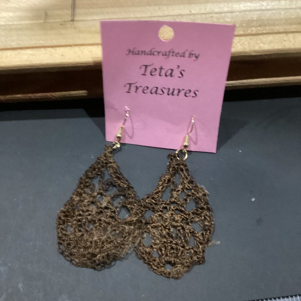 Earrings Copper Brown Leaf Crocheted Crochet Hand Crafted